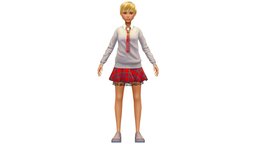 Cartoon Style Low Poly Red Schoolgirl Avatar