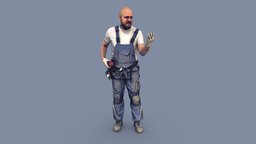 Bald Worker in Overalls With an Indignant Face